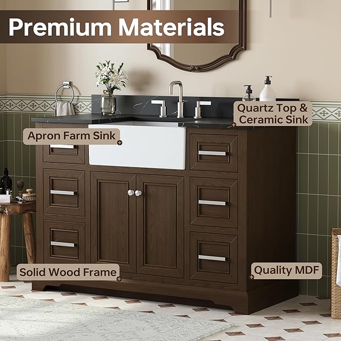 48 Inch Bathroom Vanity with Sink, Fully-Assembled Vanity with Quartz Countertop, Solid Wood Sink Cabinet with Soft Closing Doors & Dovetail Drawers, Single Sink Classic Bathroom Vanity, Dark Brown