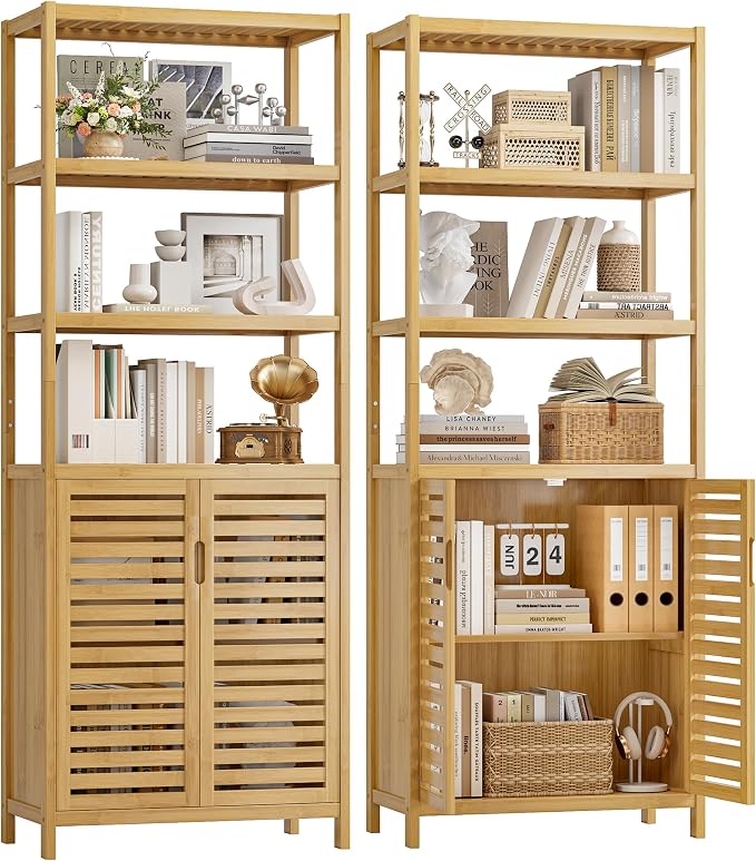 6-Tier Bamboo Book Shelves with 2 Door, Tall Bathroom Storage Cabinet | Freestanding Natural Bamboo Cabinet, 67" Tall Cabinet w/Plant Stand for Home Office, Living Room, Kitchen Dining,Balcony,2PCS