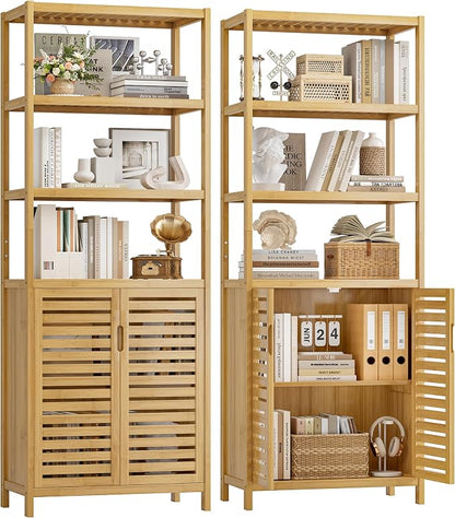 6-Tier Bamboo Book Shelves with 2 Door, Tall Bathroom Storage Cabinet | Freestanding Natural Bamboo Cabinet, 67" Tall Cabinet w/Plant Stand for Home Office, Living Room, Kitchen Dining,Balcony,2PCS