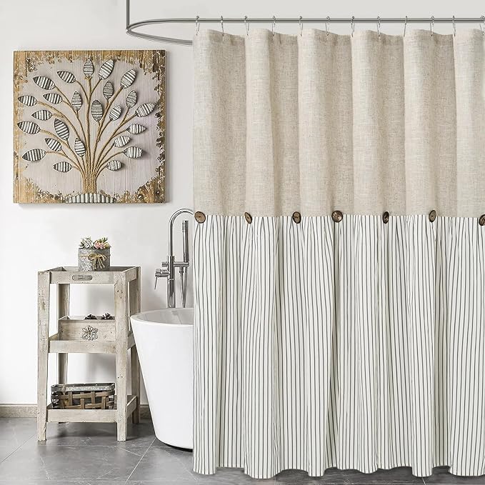 DOSLY Ides Farmhouse Shower Curtain, Beige and Gray Stripe, Button Curtain, Linen and Cotton Woven Fabric, Rustic Charm Country Chic Style, 72x78 in