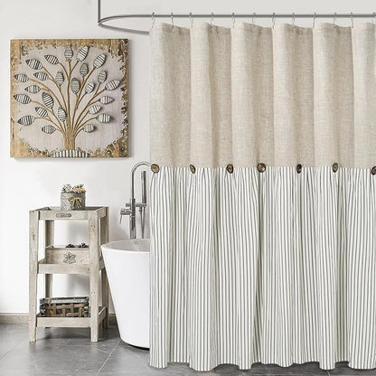 DOSLY Ides Farmhouse Shower Curtain, Beige and Gray Stripe, Button Curtain, Linen and Cotton Woven Fabric, Rustic Charm Country Chic Style, 72x78 in