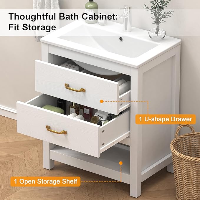Bathroom Vanity with Sink 24 Inch, Modern Bathroom Cabinet Set with LED Light for Small Space, 2 Soft-Close Drawers with Organizer, Deep and Sloped Single Sink, Easy Assembly, White