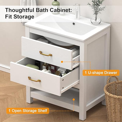 Bathroom Vanity with Sink 24 Inch, Modern Bathroom Cabinet Set with LED Light for Small Space, 2 Soft-Close Drawers with Organizer, Deep and Sloped Single Sink, Easy Assembly, White