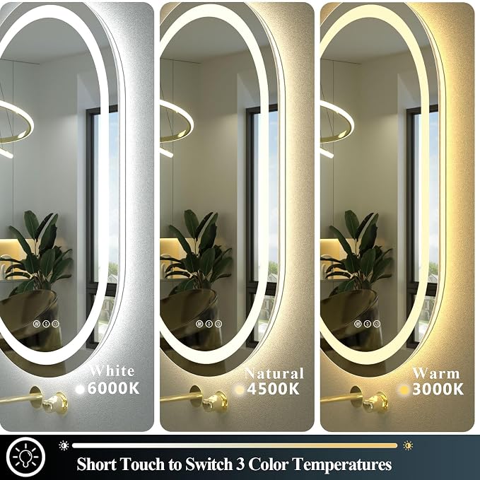 OKPAL 40x20 Oval Lighted Bathroom Mirror, LED Bathroom Mirror with Lights, Lighted Vanity Bathroom Mirror, Anti-Fog, Shatter-Proof, Dimmable, Memory, 3 Colors (Front Lights + Backlit)