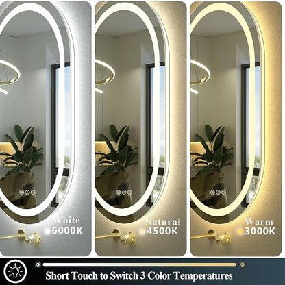 OKPAL 20x32 Oval Lighted Bathroom Mirror, Oval Lighted Vanity Mirror, LED Bathroom Vanity Mirror for Wall, Anti-Fog, Shatter-Proof, Dimmable, Memory, 3 Colors (Front Lights + Backlit)