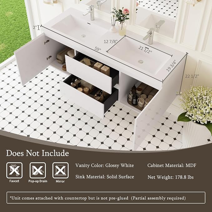 60 Inch Floating Bathroom Vanity with Sink,Glossy White | Storage Cabinet Wall Mounted Cabinet, Double Solid Surface Basin, 4 Soft Close Drawers, Fully Assembled