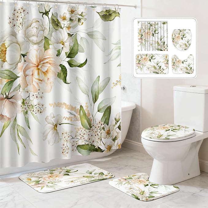 Flower Bathroom Set with Shower Curtains and Rugs | 120gsm Bathroom Curtain Set with Brushed Metal Hooks