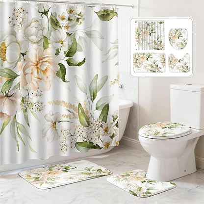 Flower Bathroom Set with Shower Curtains and Rugs | 120gsm Bathroom Curtain Set with Brushed Metal Hooks