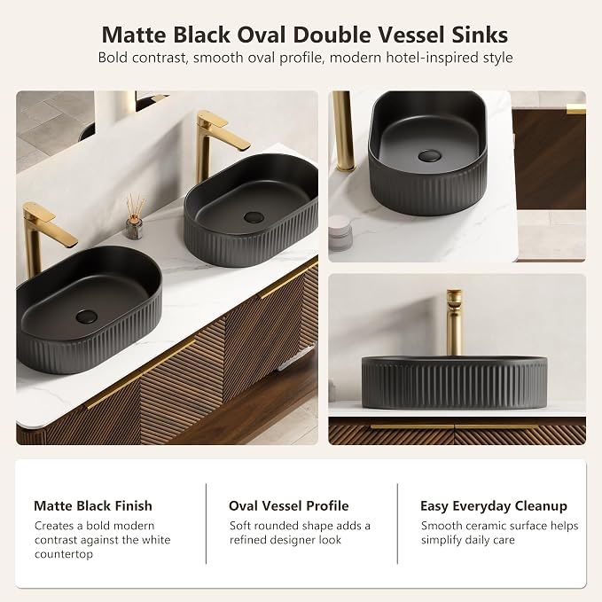 Yayzy 60 Inch Double Sink Bathroom Vanity, Dark Walnut Bathroom Cabinet with Double Matte Black Oval Vessel Sinks, Carrara White Sintered Stone Countertop, Soft Close Doors, Open Storage Shelf
