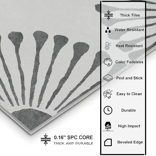 16-Sheet Peel and Stick Floor and Wall Tile, 9" x 9" Gray Stone Composite Self Adhesive Vinyl Flooring, Patterned Flower Groutable Backsplash Tile for Kitchen Bathroom Shower