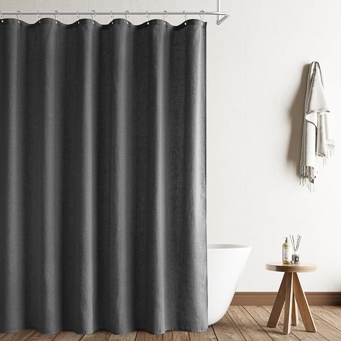 Dark Grey Linen Shower Curtain, Country Boho Farmhouse Bath Decor Shower Curtains Neutral Cloth Weighted Textured Fabric Bath Curtain Liner with Hooks, 72x80