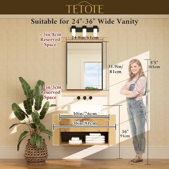 Black Mirror for Bathroom Sink 24" x 32" Matte Black Beveled Metal Frame Bathroom Vanity Rectangle Mirror for Wall, Modern Farmhouse, Tempered Glass, Shatterproof, Stronger Frame
