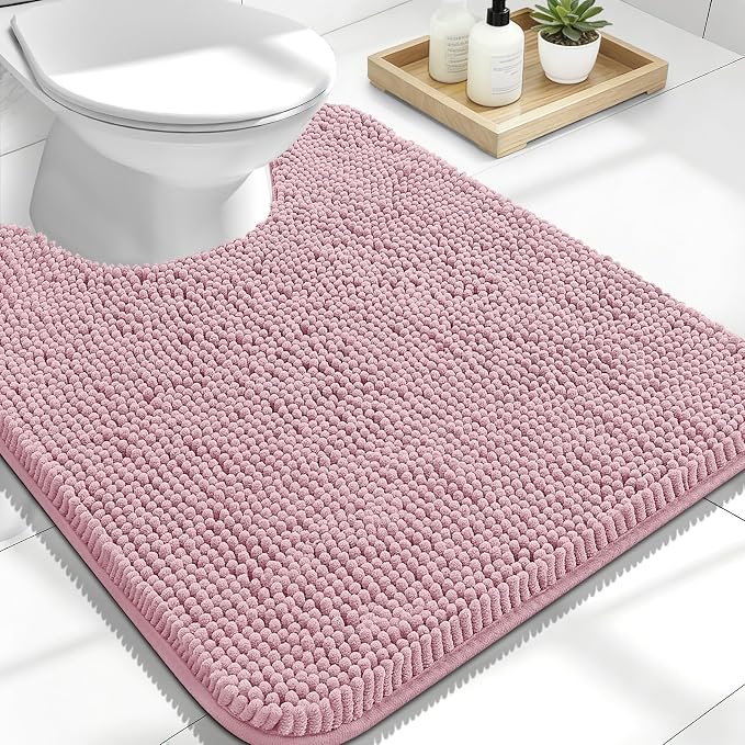OLANLY Toilet Rugs U-Shaped 24x20, Soft Absorbent Chenille Contour Rugs | Dusty Rose, Quick-Drying Rubber Backing, Machine Washable Non-Slip Shaggy Bathroom Mat for Toilet, Home Decor Accessories
