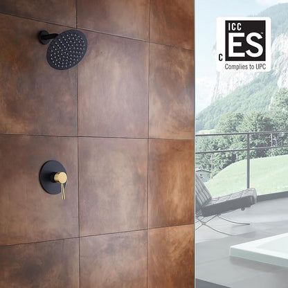 SUMERAIN Shower Faucet Set Black and Gold, 8" Stainless Steel Rain Shower | Single-Function, Single Handle, With Brass Rough-in Valve, Modern Design