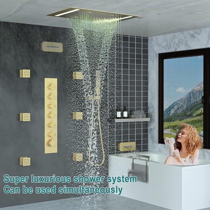 HOMEDEC LED Full Body Rain Shower System with 6pcs Body Jets Spray with（Up/Down ）Shower Spout, Large 3 In 1 Functions 14x20inch Showerhead, Rainfall Mist Shower Faucet Set Complete, Brushed Gold