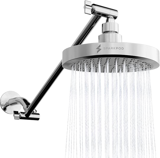 SparkPod 6" Round Rain Shower Head with 16" Shower Arm | Shower Head & Extension Arm Combo, Height Adjustable, High Pressure Performance, Easy 1-Minute Installation, Polished Chrome