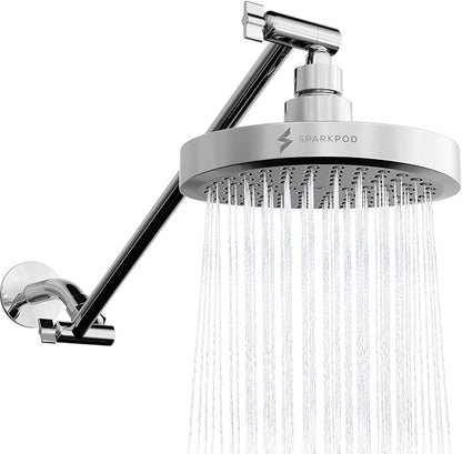 SparkPod 6" Round Rain Shower Head with 16" Shower Arm | Shower Head & Extension Arm Combo, Height Adjustable, High Pressure Performance, Easy 1-Minute Installation, Polished Chrome