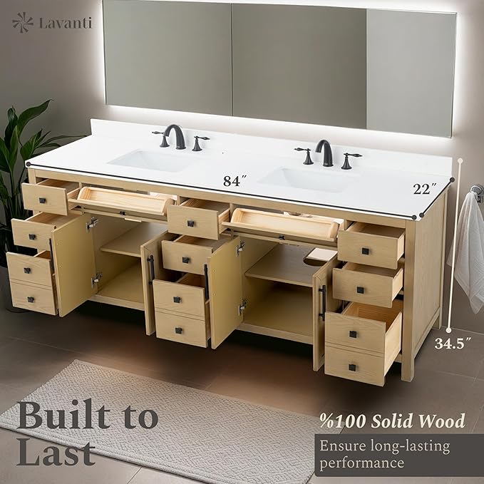 Lavanti Oakford 84 Inch Bathroom Vanity with Sink – Stylish Firwood Oak Vanity Bathroom with Storage Cabinet – Modern Bathroom Vanities with Double Vanity Sink & Quartz Countertop
