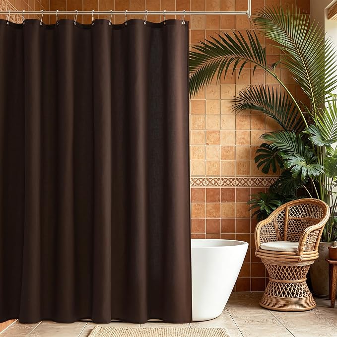 Extra Long Linen Shower Curtain 84 Inch Long for Bathroom Shower Curtains Set with Hooks Boho Farmhouse Fabric Neutral Cloth Modern Cottage Core Waterproof,Coffee Brown