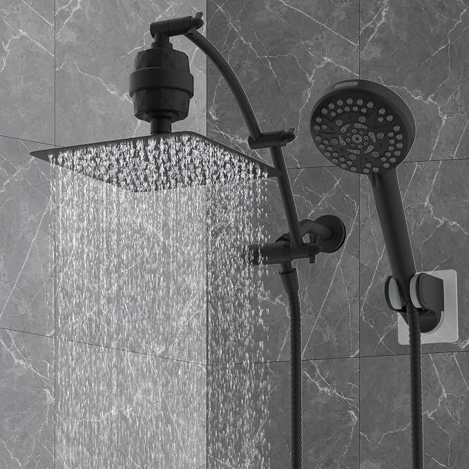 Hibbent 10" Dual Filtered Shower Head Combo, 10-spray Handheld, Black | All Metal High Pressure Rainfall Shower Head Combo with Filter, 16" Extension Arm, 3-way Diverter, 71" Hose & Shower Holder