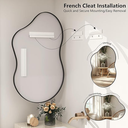 24x36 Inch Black Irregular Matte Bathroom Mirror, Black Asymmetrical Mirror for Wall Decor, Aluminum Alloy Frame, Shatterproof, Anti-Rust(Horizontally/Vertically)