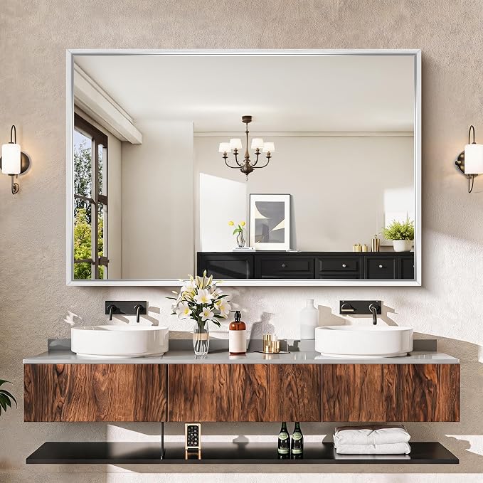 CIRCUMI 60"x40" Brushed Silver Bathroom Mirror, Double Sink Vanity Mirror | Chunky Box Metal Frame, Shatterproof, Tempered Glass, Bathroom Remodel&New Home, Large Rectangular Mirror for Living Room