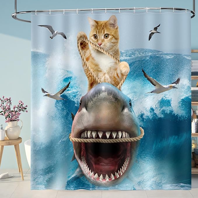 Aimego Extra Long Shower Curtain - Funny Cute Cool Cat Riding Shark Ocean Wave Fun Fabric Cloth Shower Curtain Set with 12 Hooks for Adults Kids Bathroom Decor Accessories Bathtub Curtain, 72"x78"