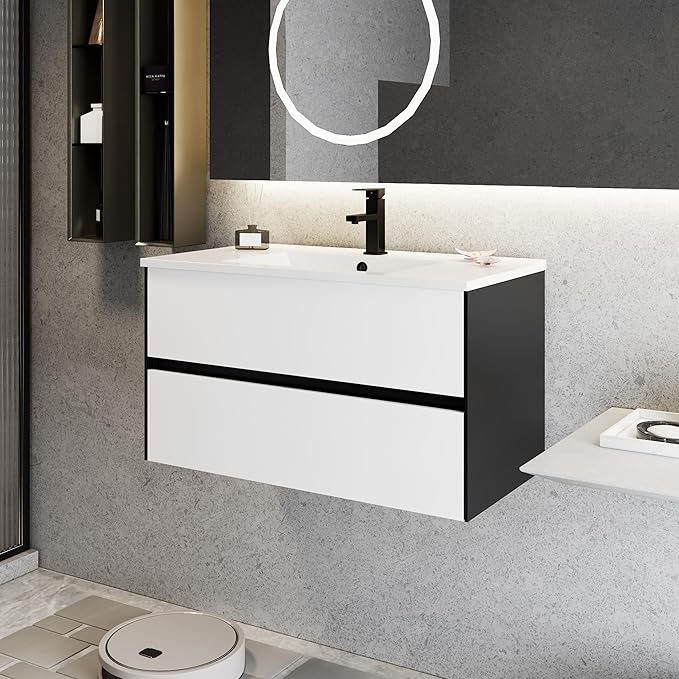 eclife 36" Bathroom Vanity Cabinet with Undermount White Sink Combo, Wall Mounted Floating Bathroom Cabinet with Colors Mixed Style, 2 Big Drawers & Matte Black Faucet