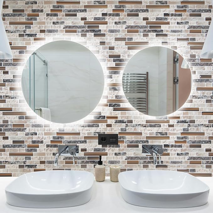 Art3d Linear Design Tile Peel and Stick Backsplash, 10-Sheet, Sandstone | 12 x 12 Inch, Enhanced Thickness, Warp Resistant, Strong Adhesion, Sturdy, for Kitchen, Bedroom, Ideal for Home Improvement