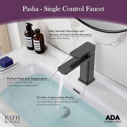 Bath Royale Pasha Luxury Bathroom Sink Faucet Single Control - All Metal, Easy Install, Matte Black