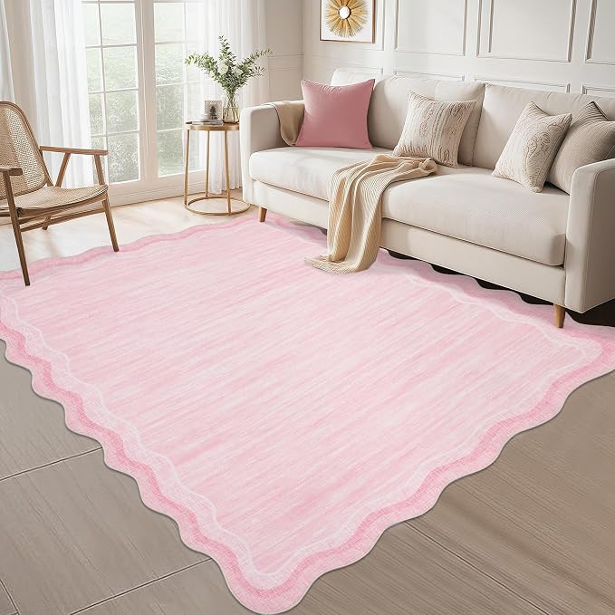 Garvee Pink Scalloped 10x13 Area Rugs for Girls Room Large Washable Rugs | Neutral Solid Rug Stain Resistant Non Slip Floor Mat Carpet Indoor Accent Rug for Bedroom Dining Room Playroom Home Decor