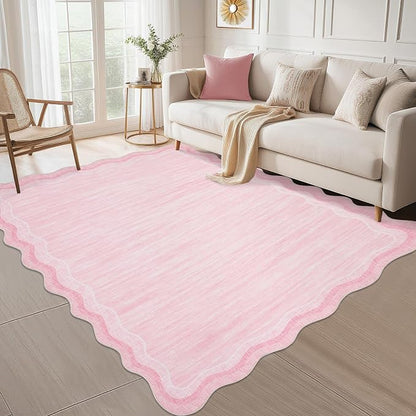 Garvee Pink Scalloped 10x13 Area Rugs for Girls Room Large Washable Rugs | Neutral Solid Rug Stain Resistant Non Slip Floor Mat Carpet Indoor Accent Rug for Bedroom Dining Room Playroom Home Decor