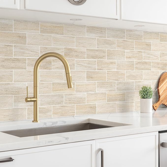 StyloVue Peel and Stick Backsplash for Kitchen, 3" x 6" PVC Subway Tile Upgraded Backsplash Stick on Tile Elevate Kitchen, Bathroom, Fireplace,RV - 4 Pieces Grayish Beige with Gray Grout