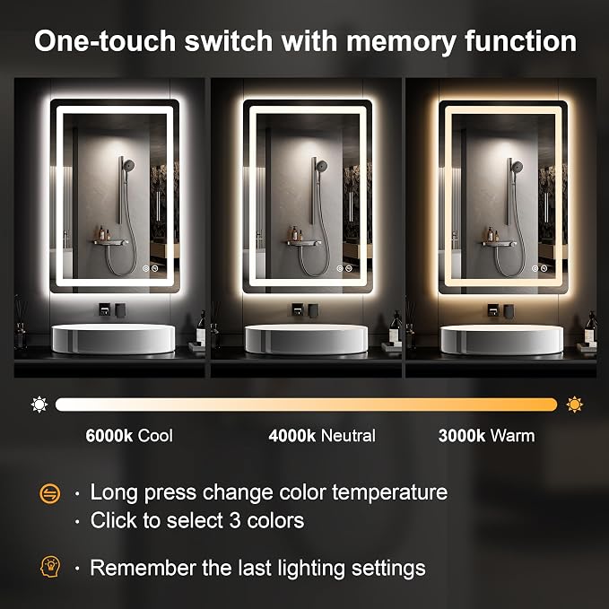 LED Bathroom Vanity Mirror with Lights, 32"x24" Lighted Wall Mirror | Front and Backlit, Anti Fog, Dimmable 3 Color Lighting, Memory Function, Shatterproof Glass, Plug in or Hardwired
