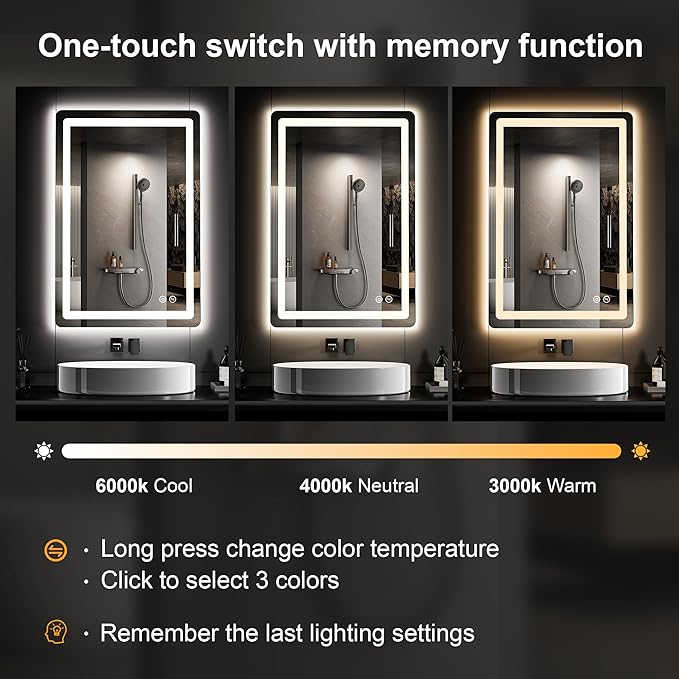 LED Bathroom Vanity Mirror with Lights, 36"x24" Lighted Wall Mirror | Front and Backlit, Anti Fog, Dimmable 3 Color Lighting, Memory Function, Shatterproof Glass, Plug in or Hardwired