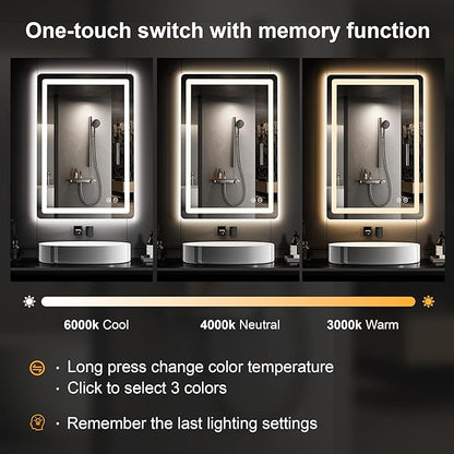 LED Bathroom Vanity Mirror with Lights, 36"x24" Lighted Wall Mirror | Front and Backlit, Anti Fog, Dimmable 3 Color Lighting, Memory Function, Shatterproof Glass, Plug in or Hardwired