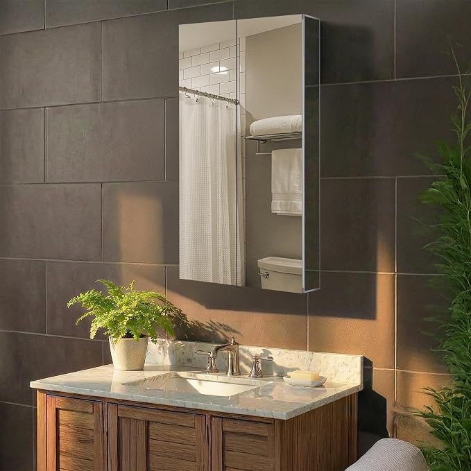 Bathroom Medicine Cabinet, Aluminum, Recessed/Surface Mount, 24" x 36", Right/Left Hinged, Mirrored Interior
