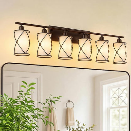 6-Light Oil Rubbed Bronze Bathroom Light Fixtures with Milk Frosted Glass, 42" Modern Bathroom Vanity Lighting Fixtures Over Mirror with Metal Cage, Wall Sconce Lights for Bath, CH9176ORBW-6W