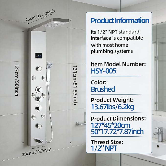 LED 5-in-1 Shower Panel Tower System,Brushed Grey | 304 Stainless Steel Shower Panel Tower Column with Powerful Body Jets, Rainfall, Waterfall,Handheld and Tub Spout