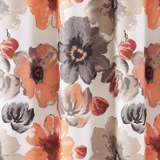 Lush Decor Leah Floral Shower Curtain, 72" W x 72" L, Coral & Gray - Fabric Shower Curtains - Watercolor Botanical Bathroom Curtain - Farmhouse & French Country Decor