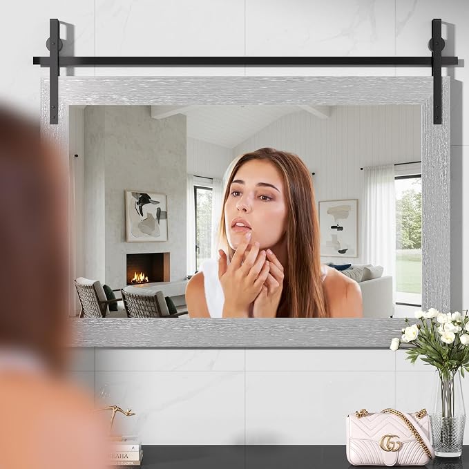 Hasipu Farmhouse Bathroom Mirror, 40"x26" Rustic Wood Framed Wall Mounted Mirror, Gray Vintage Vanity Mirror Barn Door Style Decrative Mirrors