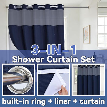 Conbo Mio Extra Long No Hook Waffle Weave Shower Curtain with Snap in Liner Set, Hotel Luxury Navy Blue Shower Curtains for Bathroom with See Through Top Window, Waterproof, Washable 71W x 84H