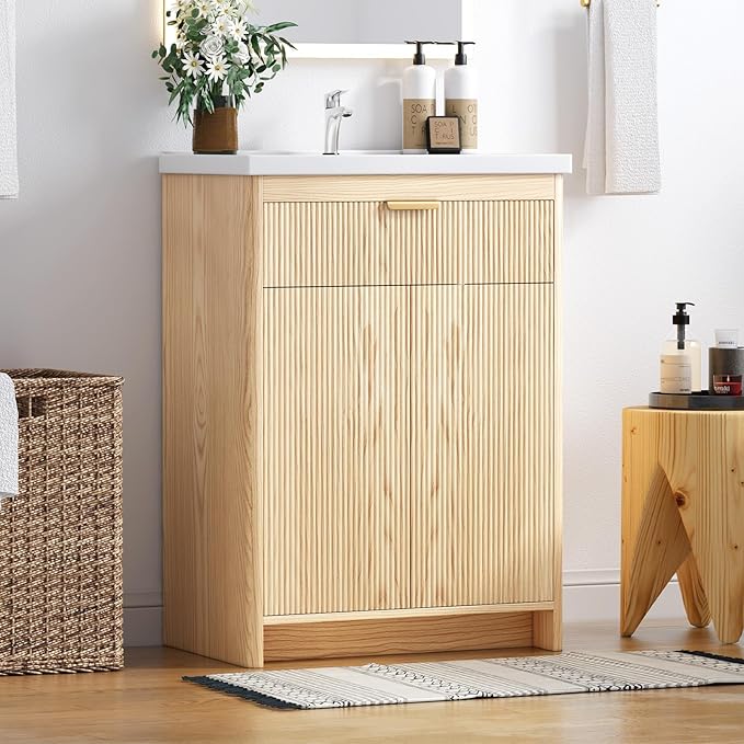 Bathroom Vanity with Sink, 24 Inch Single Bathroom Vanity with Sink with Storage Cabinet for Small Space, Freestanding Storage Bathroom Vanity with 2 Soft Closing Cabinets, Nature Wood