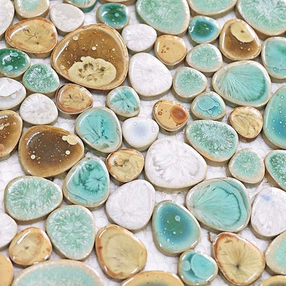 Turquoise Ceramic Pebble Mosaic Tile Sheet Shower Floor Backsplash 10 Sq Ft | Crystal Glazed Porcelain, River Stone Look, Water Resistant for Bathroom Decor, Fireplace Surround and Accent Walls