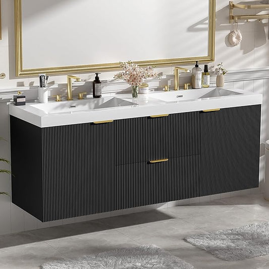 60" Bathroom Vanity with Sink Combo, Floating Double Sink Bathroom Vanity with SMC Resin Top, MDF Cabinet with Solid Wood Frame, Wall-Mounted Bath Room Vanities for Large Bathrooms (60''-Black)