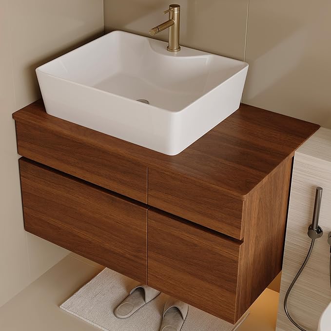 31.5" Floating Bathroom Vanity with Sink and Drawer, Soft Closing, Solid Wood Mid Century Modern Single Bathroom Vanity Cabinet with Storage, Wall Mounted (Walnut)
