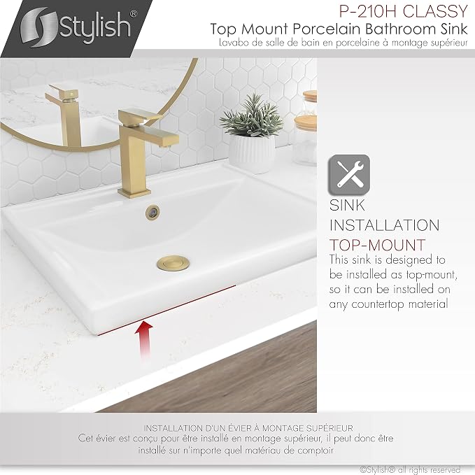 Stylish Drop in Bathroom Sink 20 1/4 x 16 Inch Porcelain Rectangular Bathroom Sinks Shiny Finish Smooth and Stain Resistant Surface with Chrome and Matte Black Overflow, P-210H