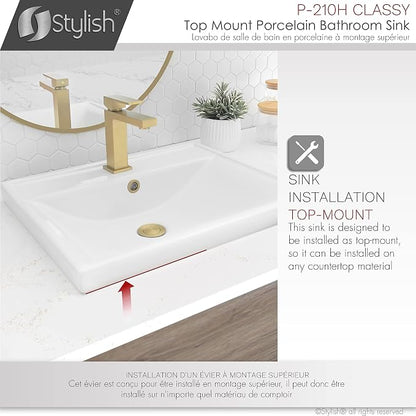 Stylish Drop in Bathroom Sink 20 1/4 x 16 Inch Porcelain Rectangular Bathroom Sinks Shiny Finish Smooth and Stain Resistant Surface with Chrome and Matte Black Overflow, P-210H