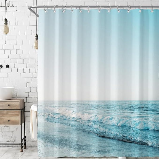 Ocean Beach Coastal Seaside Shower Curtain for Bathroom 72W*72H Inch Nautical Summer Seacoast Beachy Waves Bathtub Decor Seascape Neutral Waterproof Polyester Fabric Set with 12 Hooks