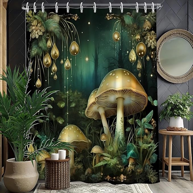 Fantasy Green Mushroom Shower Curtains,Funny Plant Botanical Bath Curtains,Mushroom Bathroom Decor,Funny Waterproof Polyester Natural Bathroom Curtain Decor,72x72 Inch